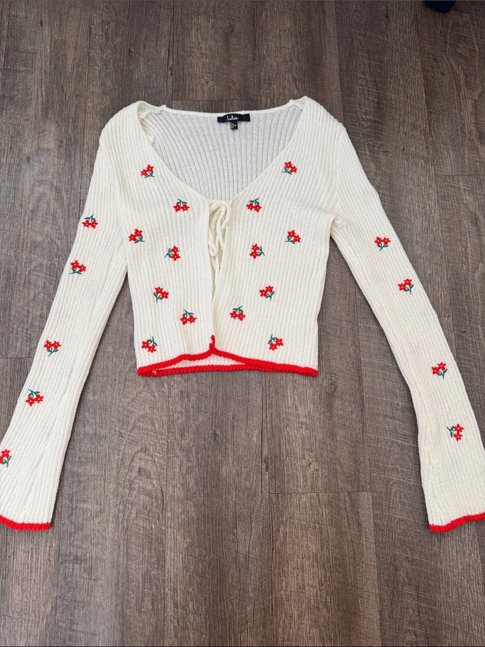 Lulu's Cream Knit Cardigan with Red Cherry Embroidery
